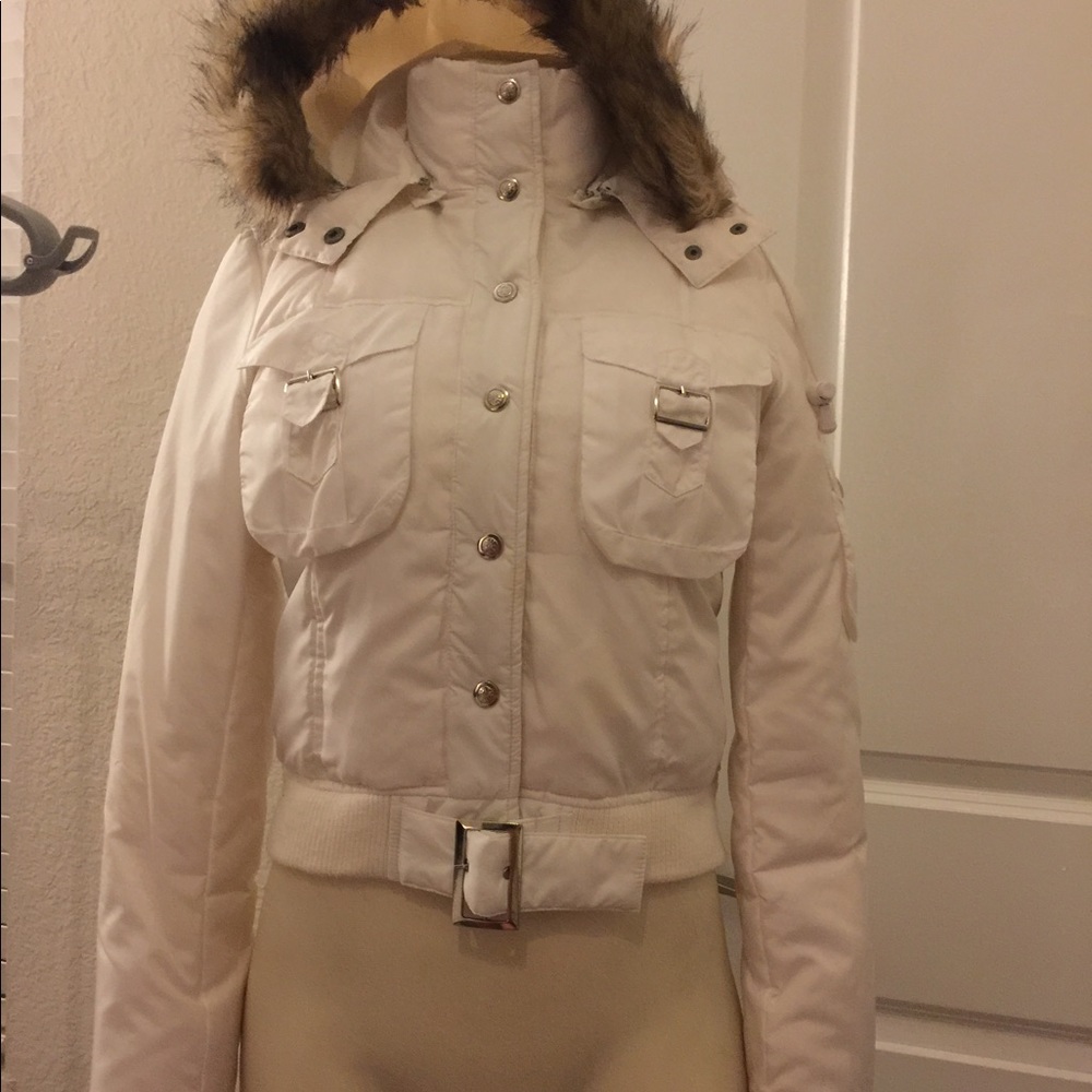 Bebe white bomber hooded puffy jacket
